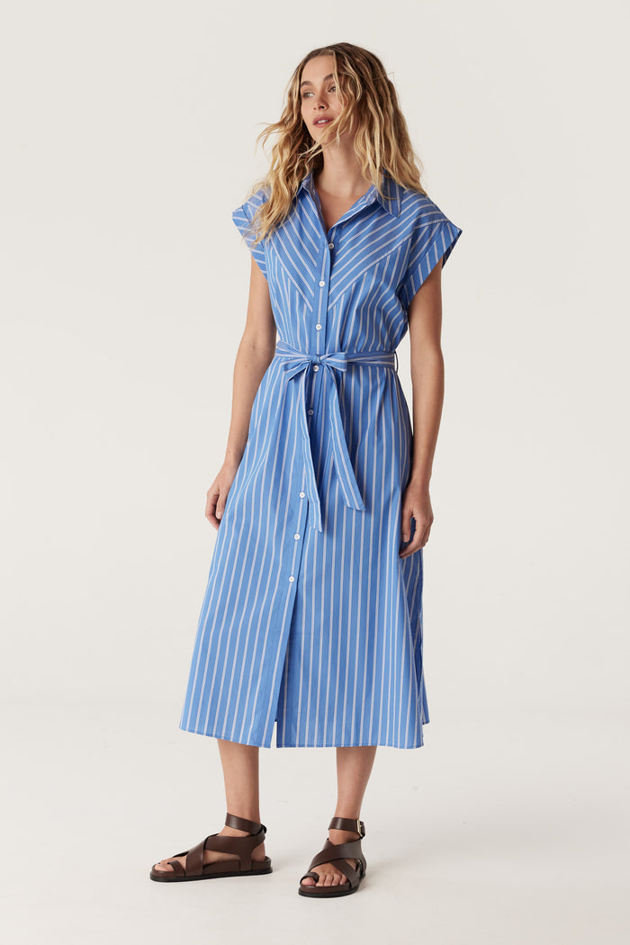 Cable Felicity Stripe Poplin Dress  - Blue Stripe