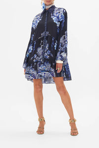 Camilla Tiered Dress With Cutwork Lace Collar - Delft Dynasty