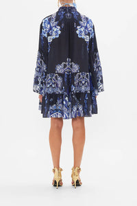 Camilla Tiered Dress With Cutwork Lace Collar - Delft Dynasty