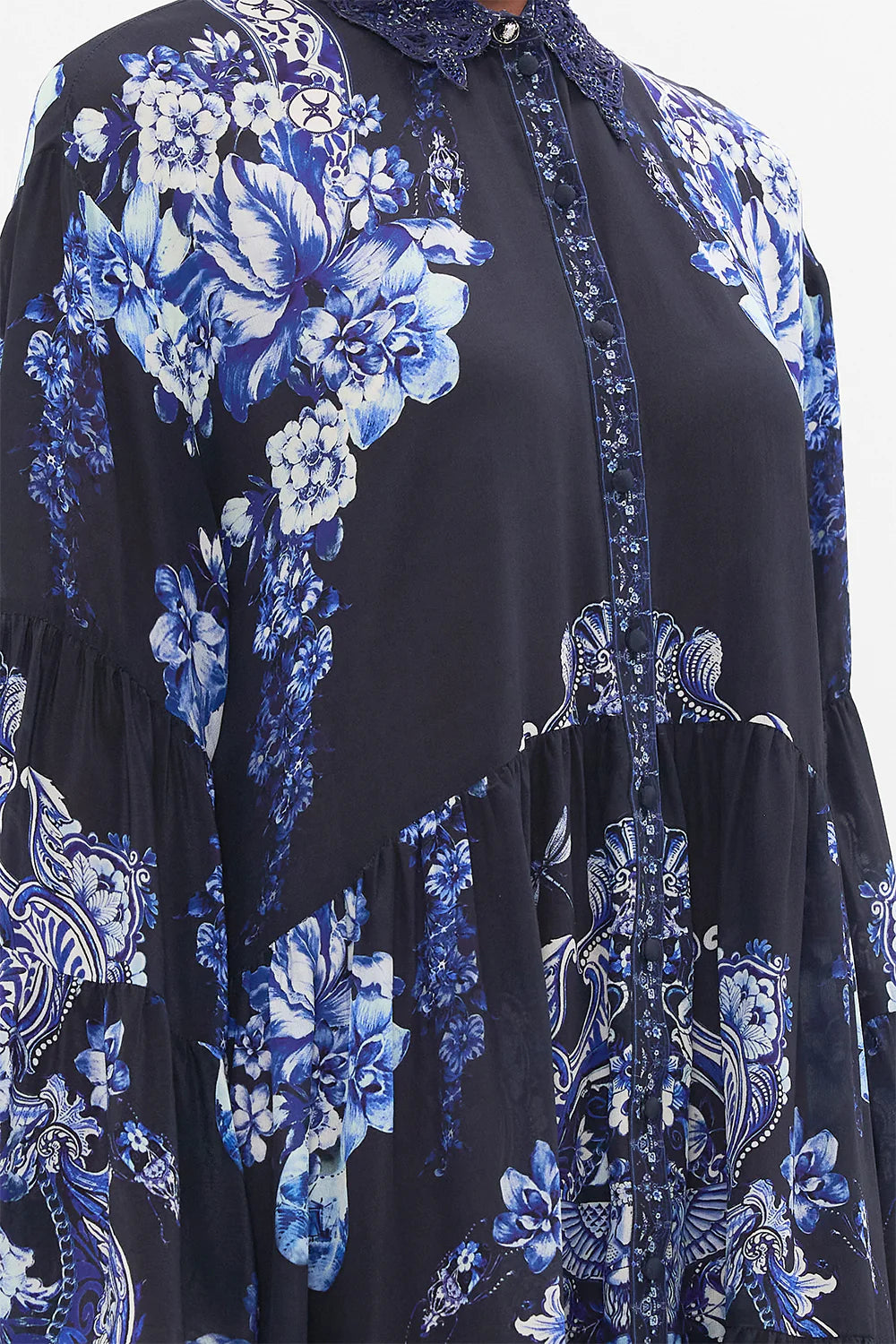 Camilla Tiered Dress With Cutwork Lace Collar - Delft Dynasty