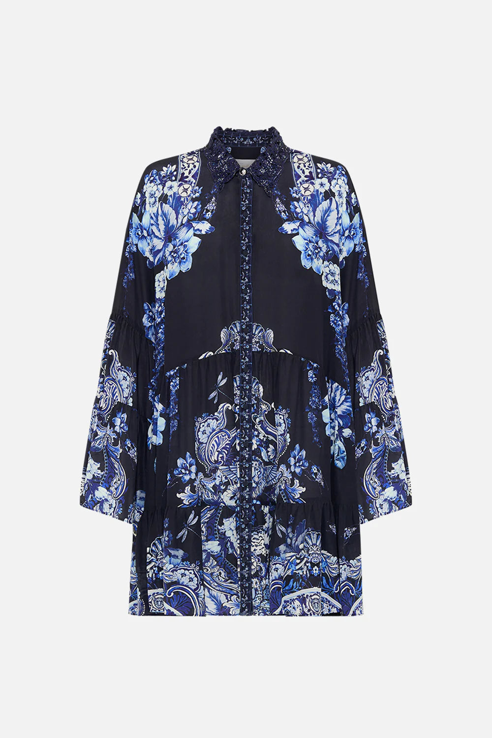 Camilla Tiered Dress With Cutwork Lace Collar - Delft Dynasty