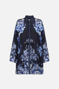 Camilla Tiered Dress With Cutwork Lace Collar - Delft Dynasty