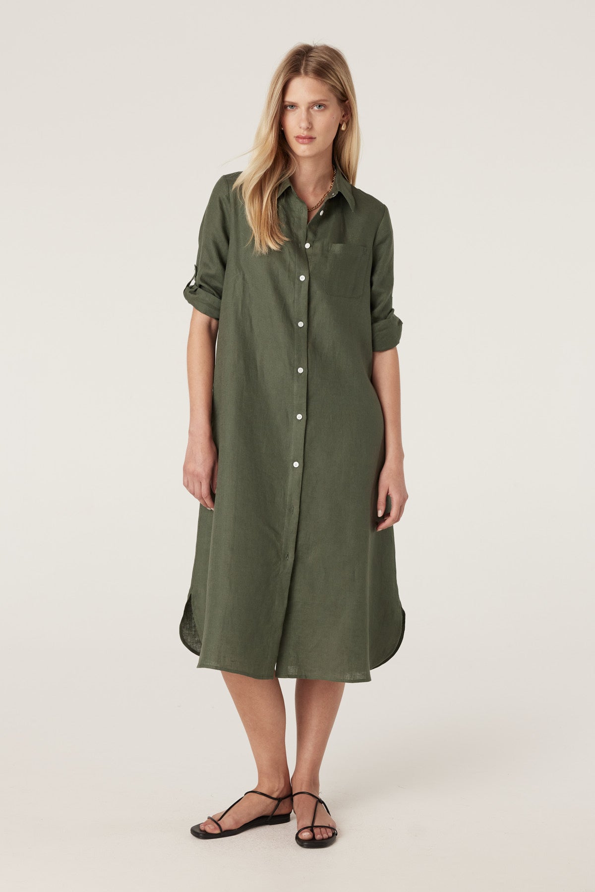 Cable Pure Linen Shirt Dress - Khaki