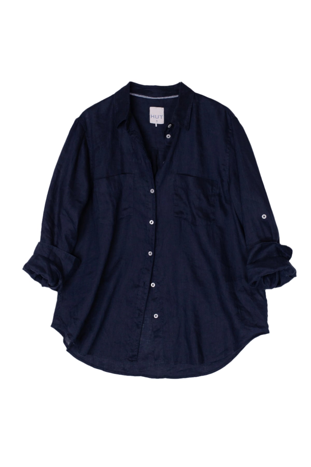 Navy blue button-up linen shirt