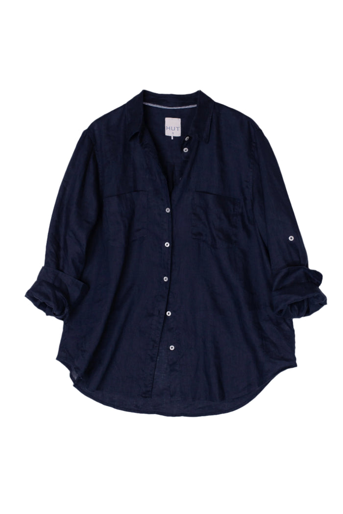 Navy blue button-up linen shirt
