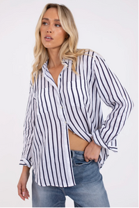 Hut The Boyfriend Linen Shirt - NavyWhite Stripe