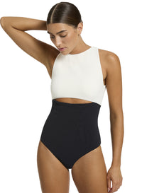 Jets Cut Out High Neck 1 Piece J11404 - Black/Cream