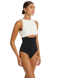 Jets Cut Out High Neck 1 Piece J11404 - Black/Cream