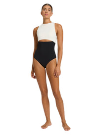 Jets Cut Out High Neck 1 Piece J11404 - Black/Cream