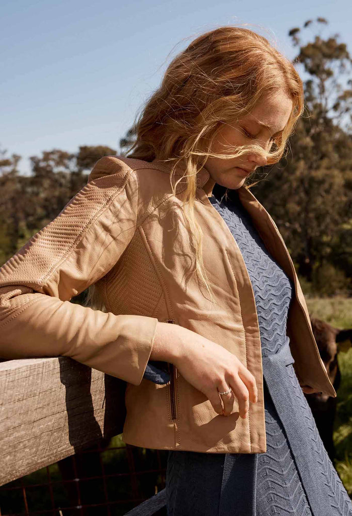 Once Was Blaire Leather Stitch Detail Jacket - Wheat