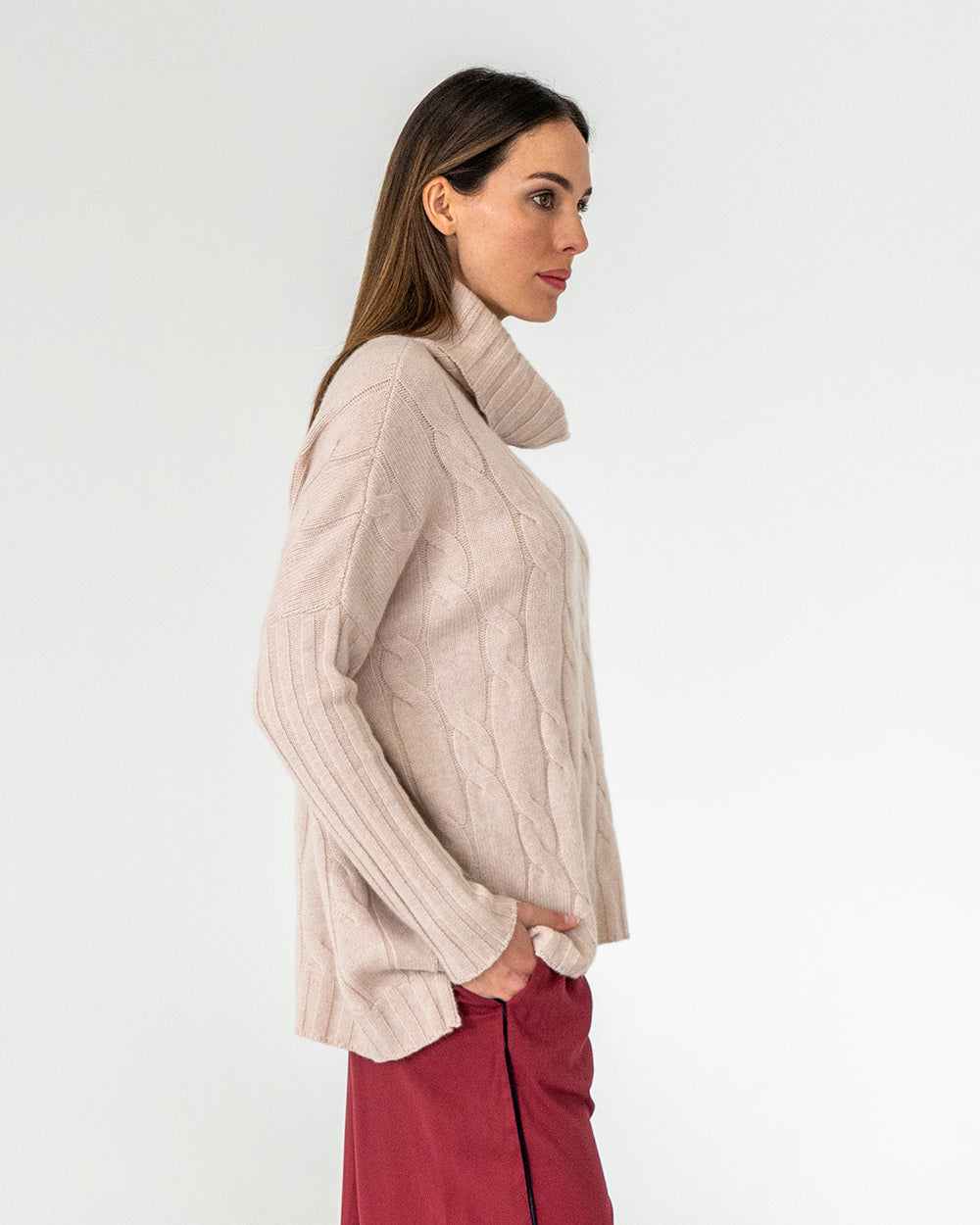 Arlington Milne Cashmere Sinead Cable Knit Roll Neck - Blush