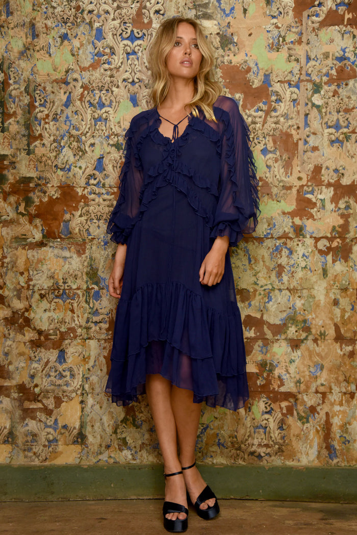 TRELISE COOPER FRILL AT EASE DRESS - NAVY - ESCAPE CLOTHING