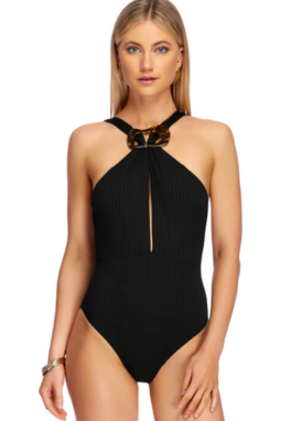 Woman Wearing Jets High Neck 1 Piece in Black