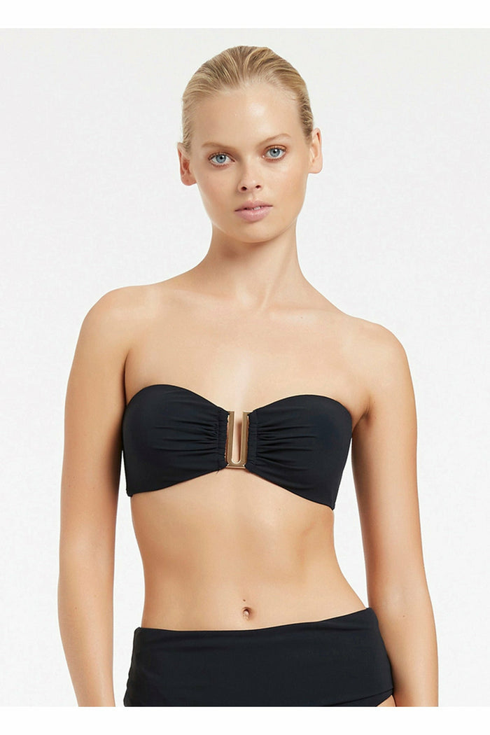 Woman Modelling Jets Jetset Bandeau Top in Deep Navy