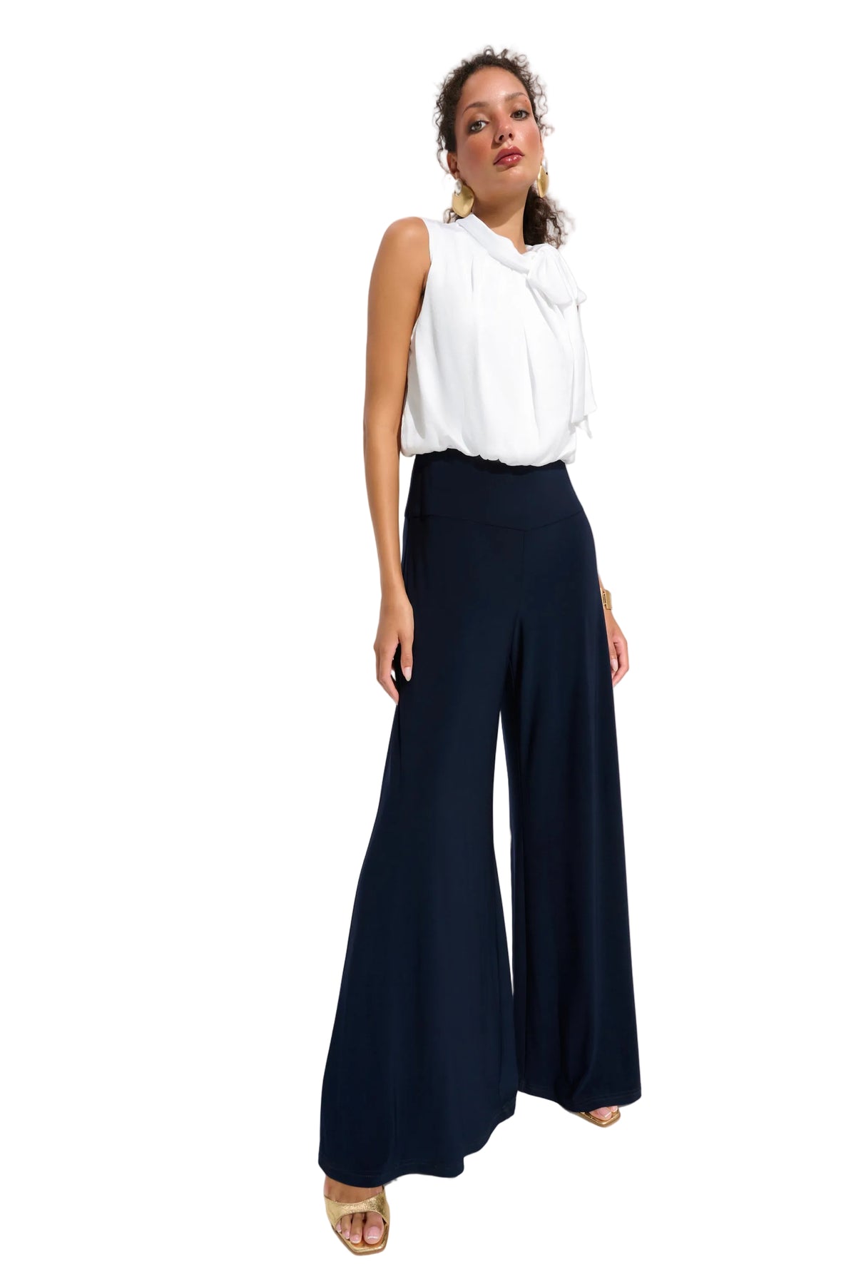 Joseph Ribkoff Silky Knit And Satin Wide Leg Jumpsuit With Contrast Bodice & Neck Tie - Navy/White