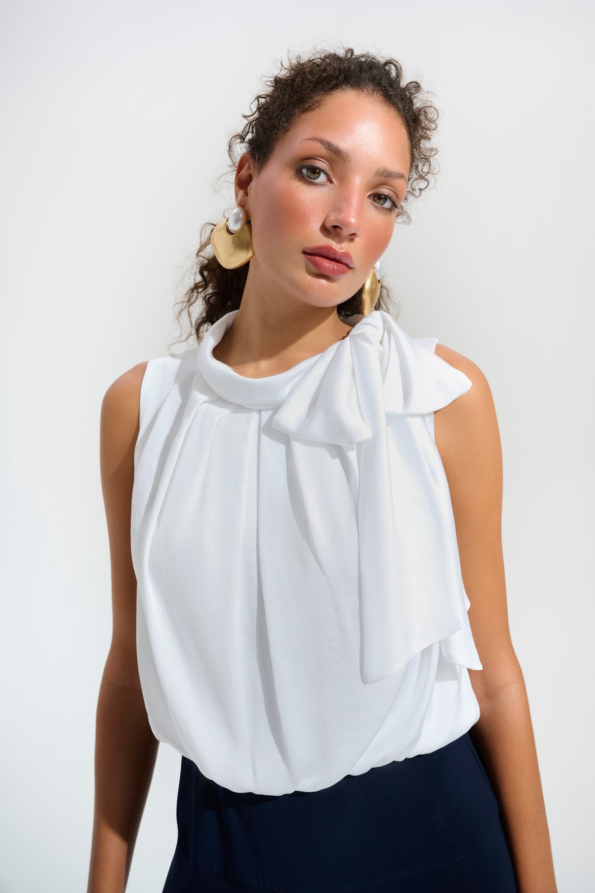 Joseph Ribkoff Silky Knit And Satin Wide Leg Jumpsuit With Contrast Bodice & Neck Tie - Navy/White