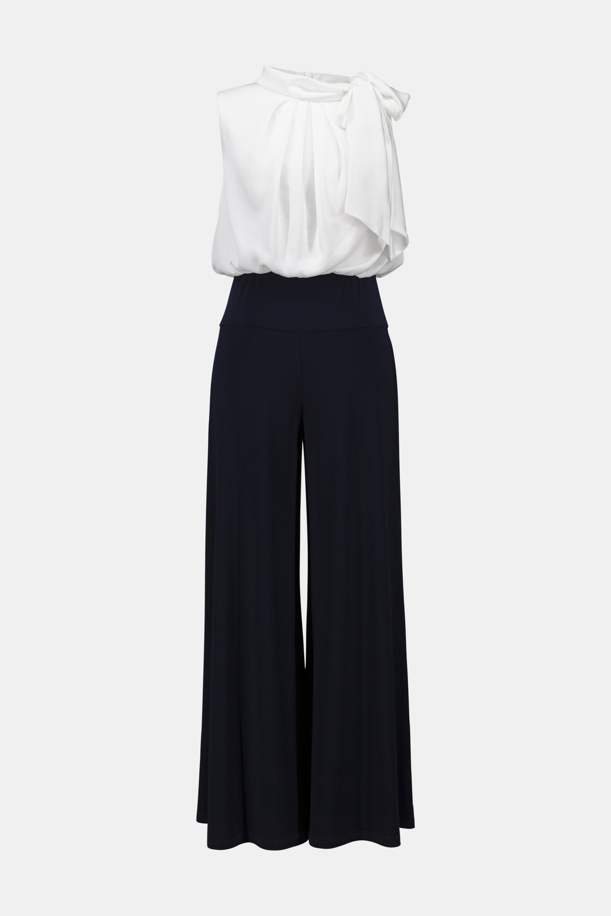 Joseph Ribkoff Silky Knit And Satin Wide Leg Jumpsuit With Contrast Bodice & Neck Tie - Navy/White