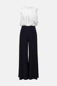Joseph Ribkoff Silky Knit And Satin Wide Leg Jumpsuit With Contrast Bodice & Neck Tie - Navy/White