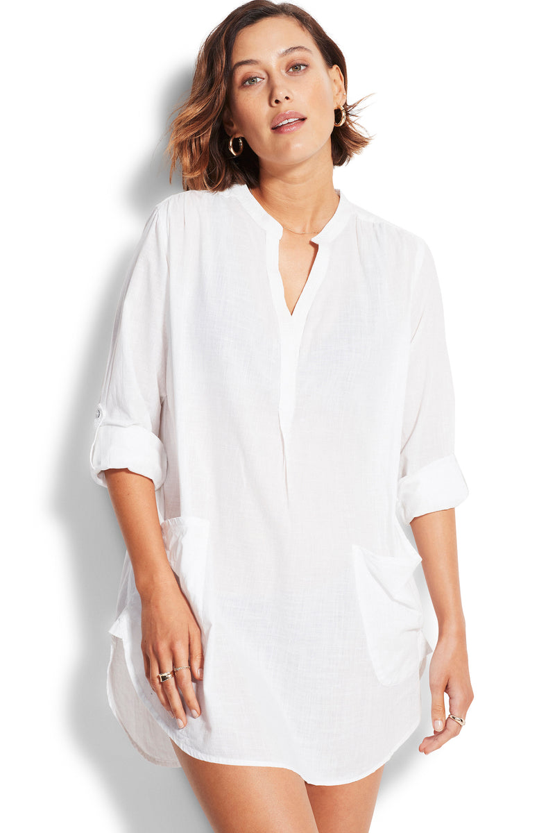 SEAFOLLY BOYFRIEND BEACH SHIRT - WHITE - ESCAPE CLOTHING