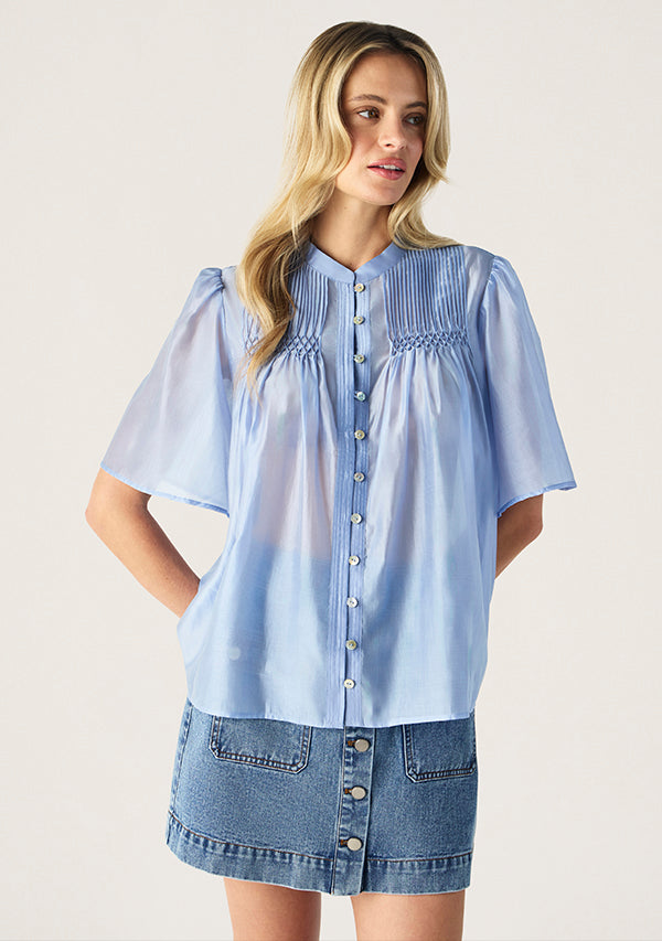 Mos The Label Romy Short Sleeve Blouse - Blue Aura