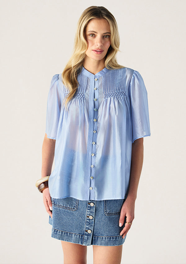 Mos The Label Romy Short Sleeve Blouse - Blue Aura