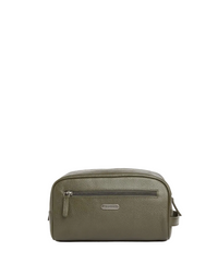 An olive green pebbled leather toiletry bag with a horizontal zippered pocket and a small silver-tone brand plaque, shown against a plain white background.