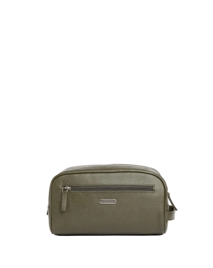 An olive green pebbled leather toiletry bag with a horizontal zippered pocket and a small silver-tone brand plaque, shown against a plain white background.
