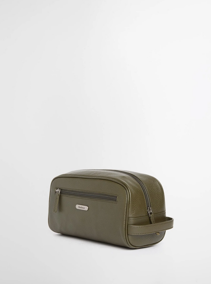 Barbour Brunton Leather Washbag - Dark Olive