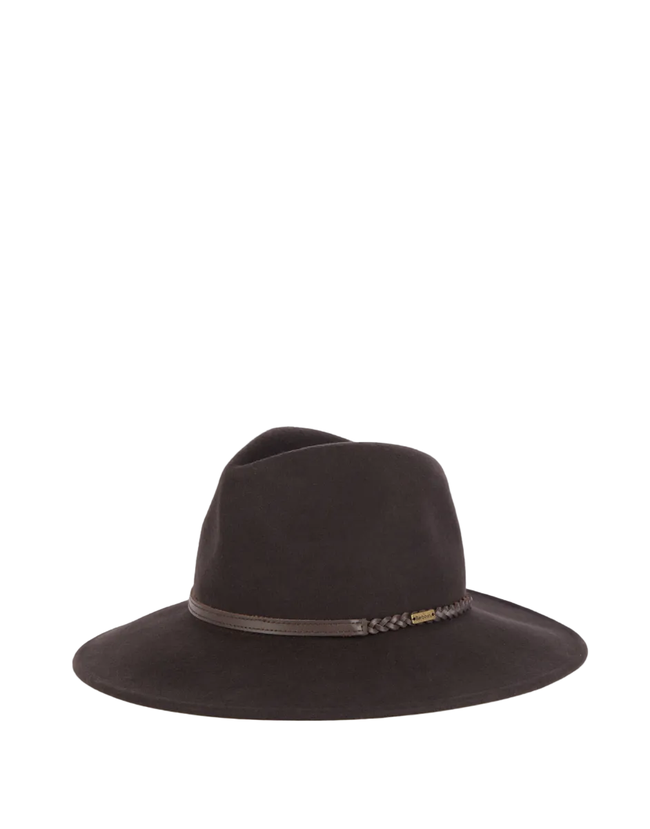 A dark brown felt fedora hat with a matching brown band and a small gold-tone logo tag, shown against a plain light gray background.