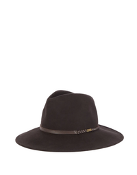 A dark brown felt fedora hat with a matching brown band and a small gold-tone logo tag, shown against a plain light gray background.