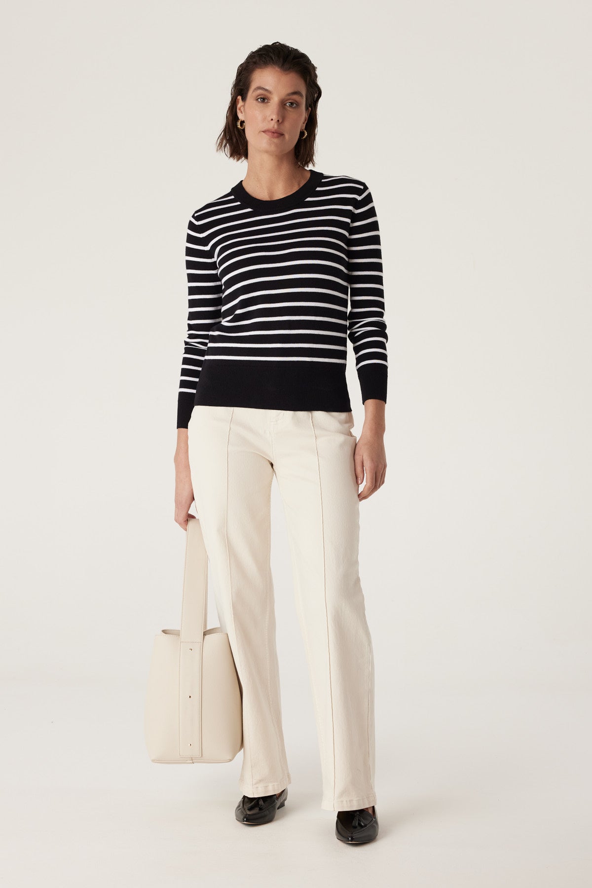 CABLE COTTON STRIPE CREW JUMPER - BLACK/WHITE