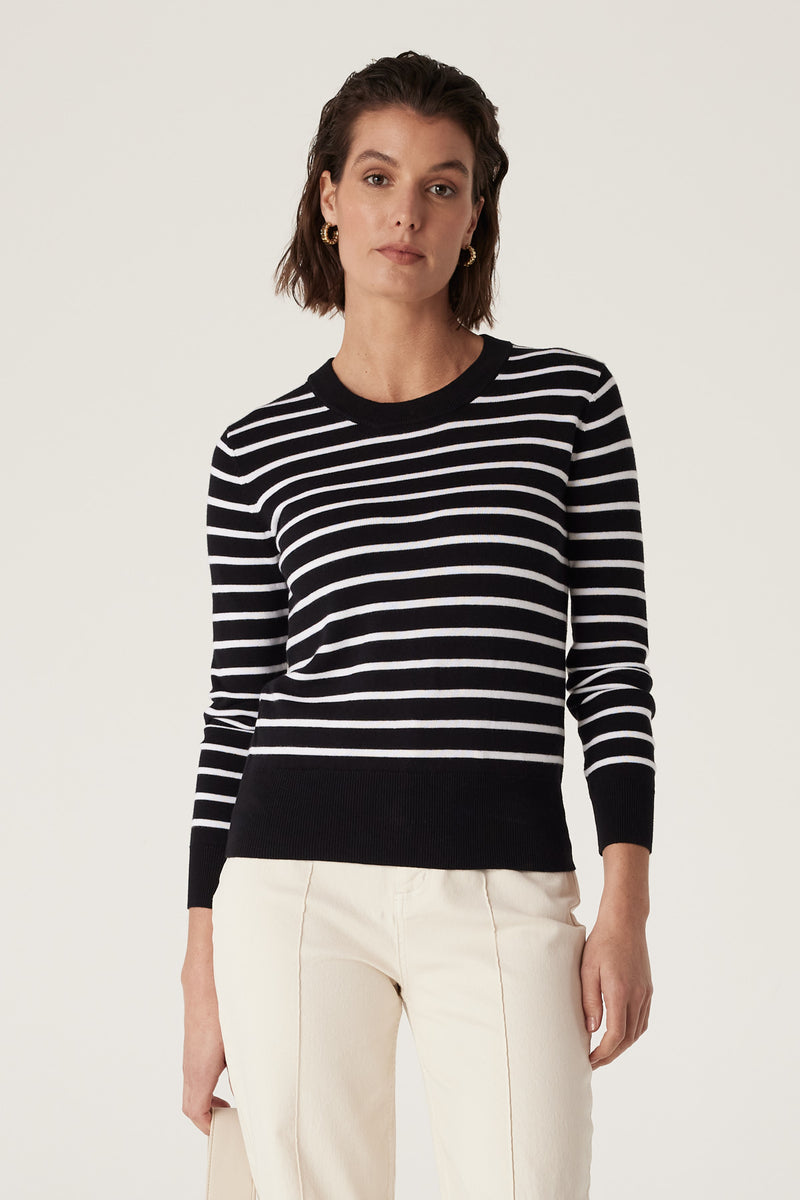 CABLE COTTON STRIPE CREW JUMPER - BLACK/WHITE