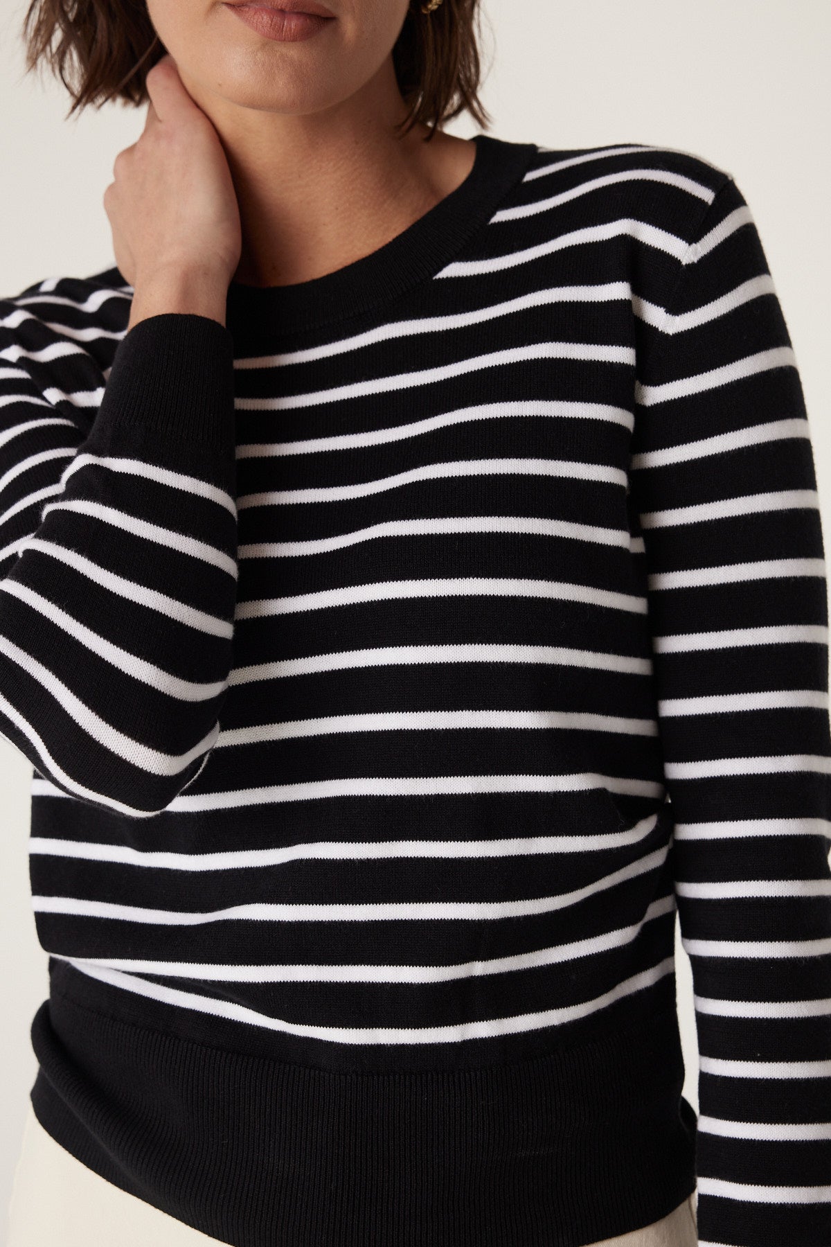 CABLE COTTON STRIPE CREW JUMPER - BLACK/WHITE