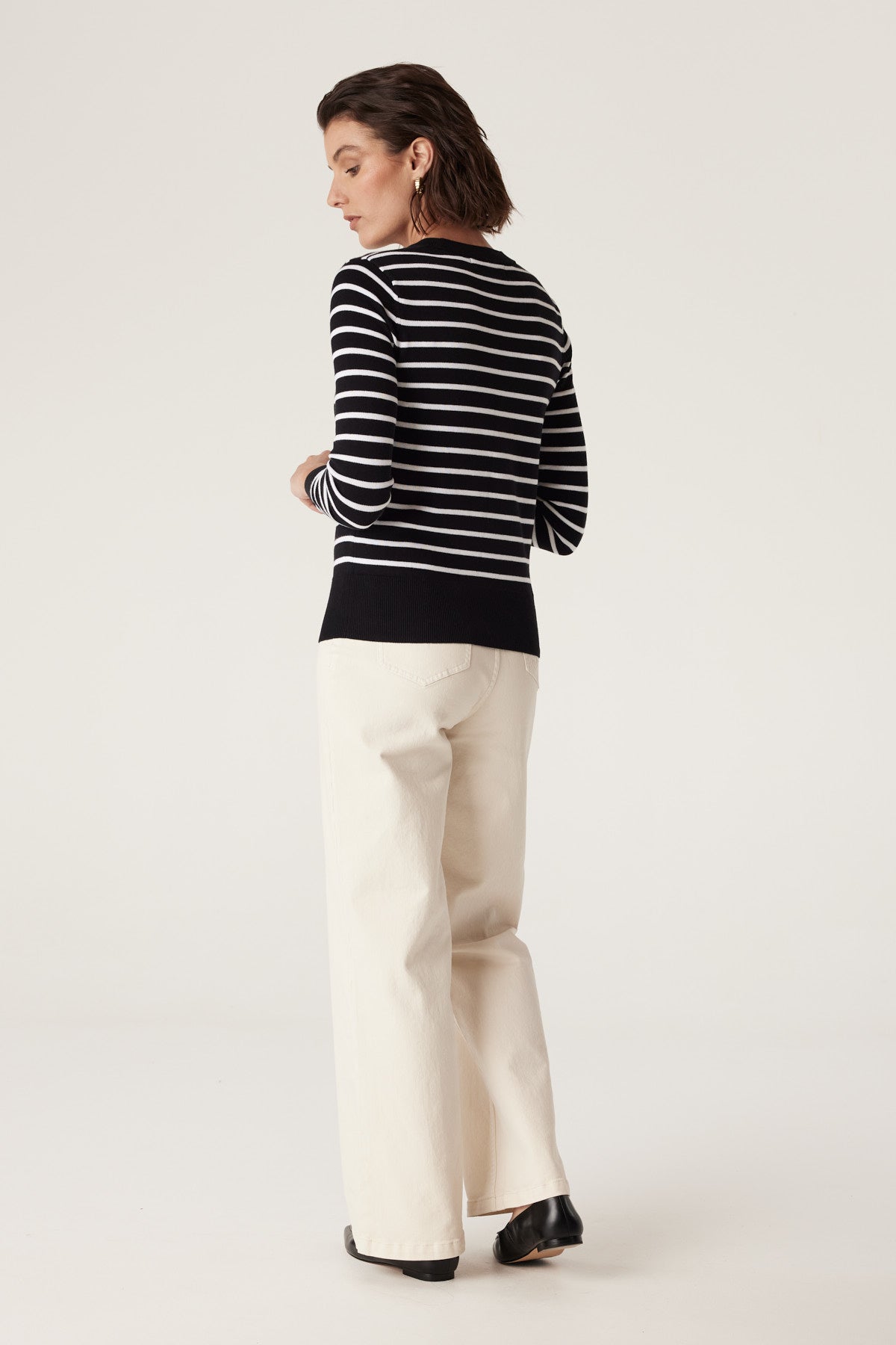 CABLE COTTON STRIPE CREW JUMPER - BLACK/WHITE