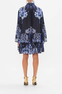 CAMILLA TIERED DRESS WITH CUTWORK LACE COLLAR - DELFT DYNASTY