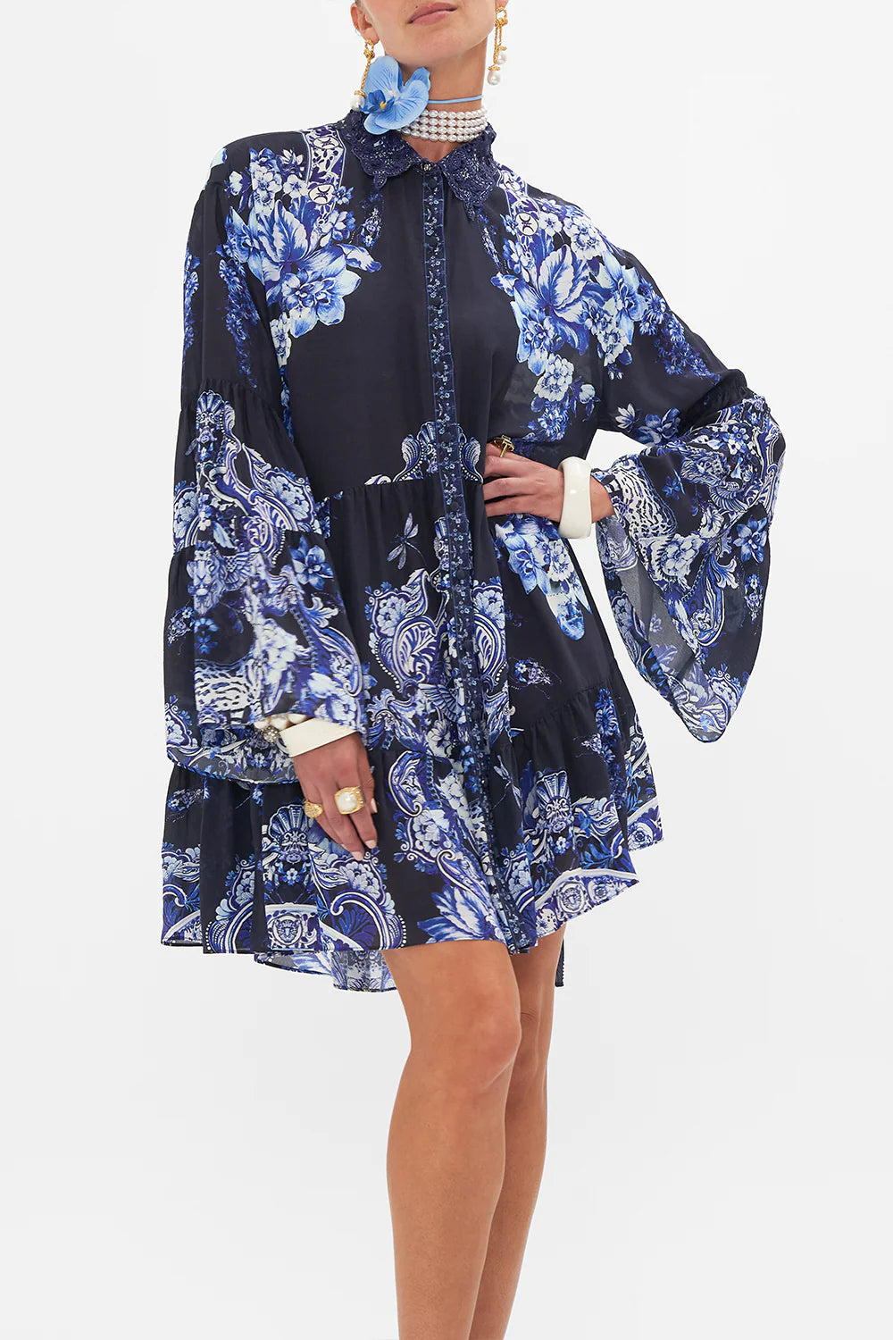 CAMILLA TIERED DRESS WITH CUTWORK LACE COLLAR - DELFT DYNASTY