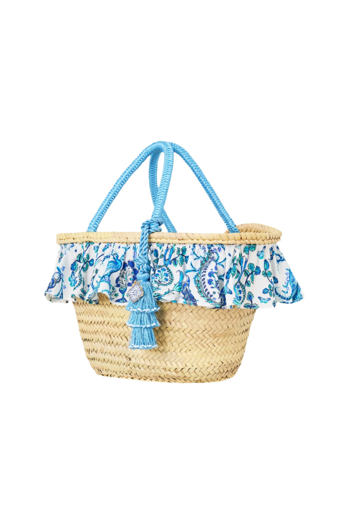 Woven basket with blue floral patterned top