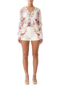 Camilla Lace Up V Neck Blouse With Cascade Ruffles - I Left My Heart In Granada