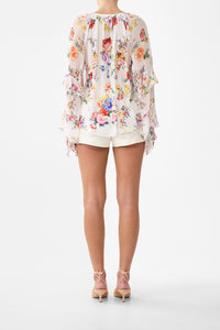 Camilla Lace Up V Neck Blouse With Cascade Ruffles - I Left My Heart In Granada