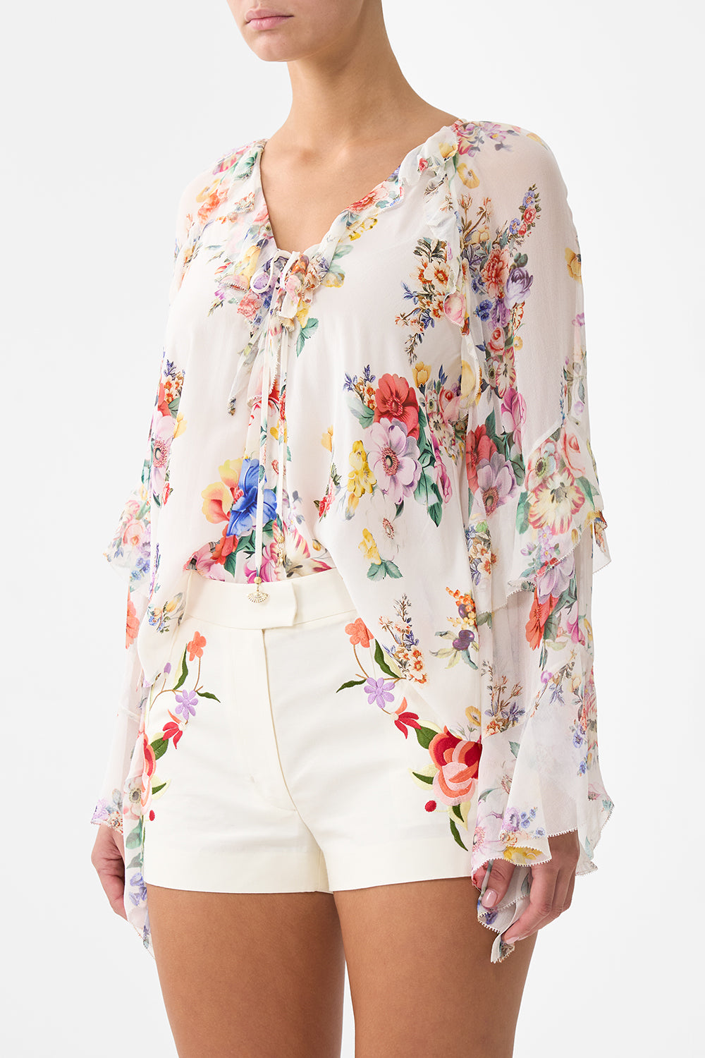 Camilla Lace Up V Neck Blouse With Cascade Ruffles - I Left My Heart In Granada