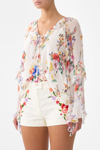 Camilla Lace Up V Neck Blouse With Cascade Ruffles - I Left My Heart In Granada