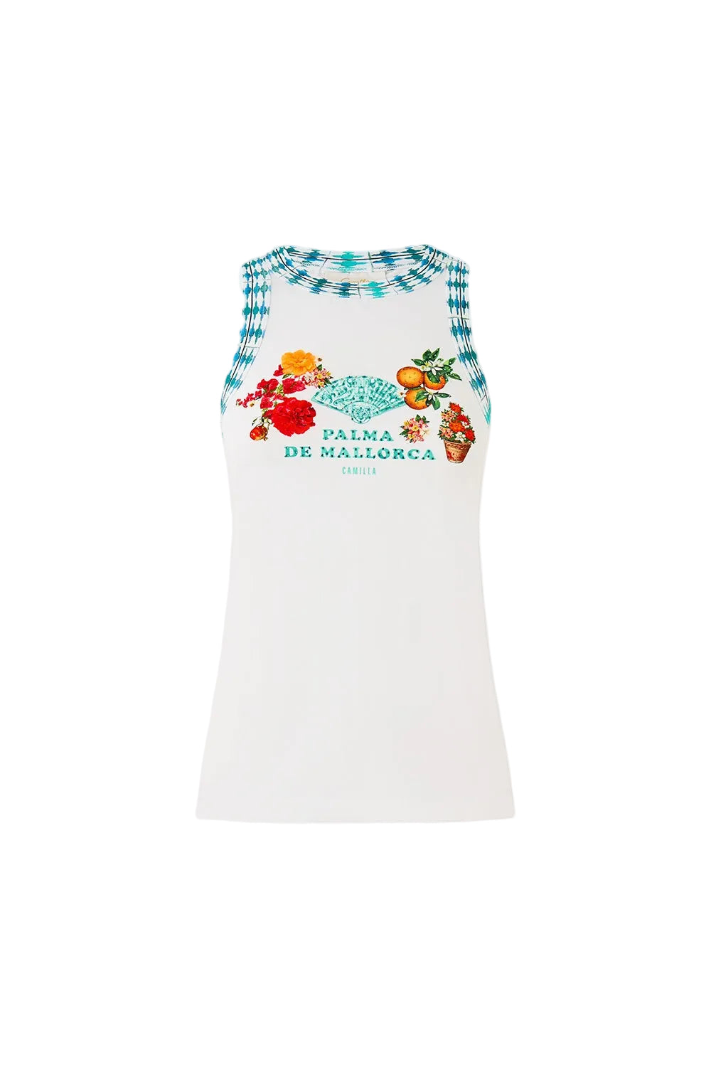 White sleeveless top with colorful graphics and text on a white background