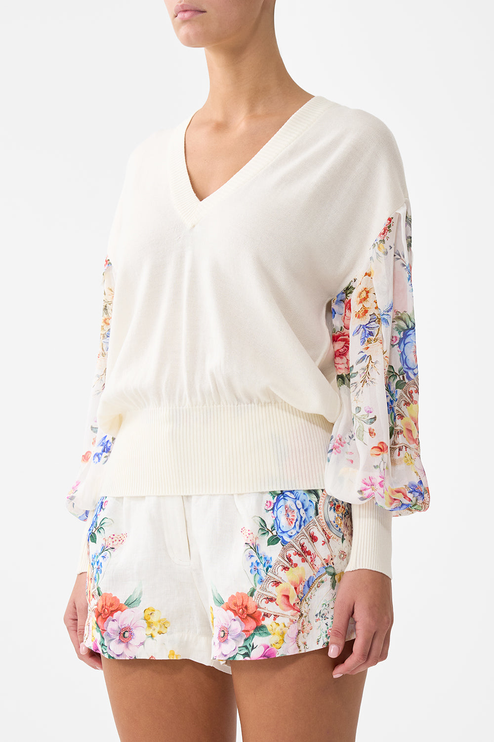 Camilla V Neck Knit Jumper With Silk Sleeve - I Left My Heart In Granada