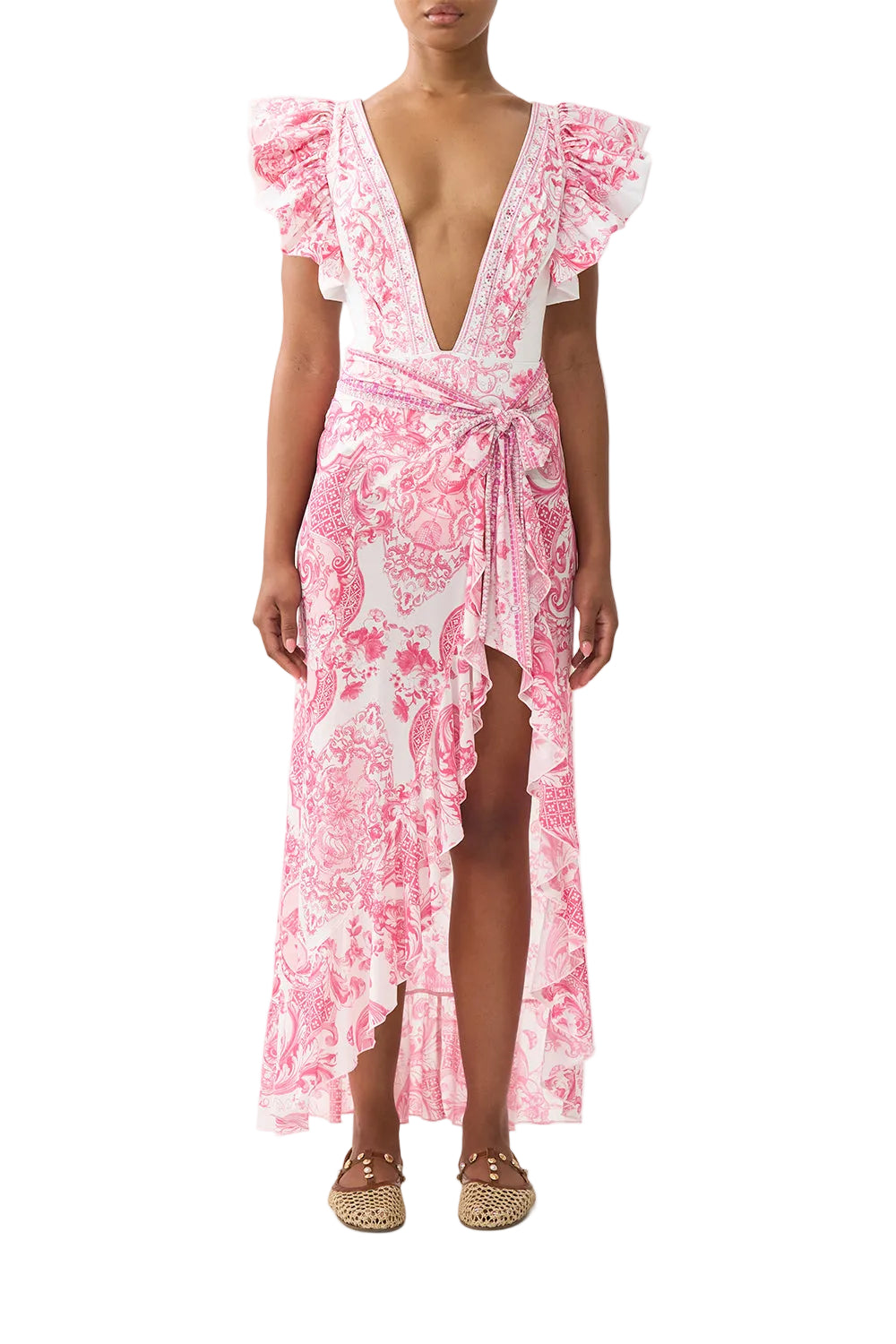 Camilla Long Sarong With Tie Waist And Frill Edge - Livin La Vida Rosa