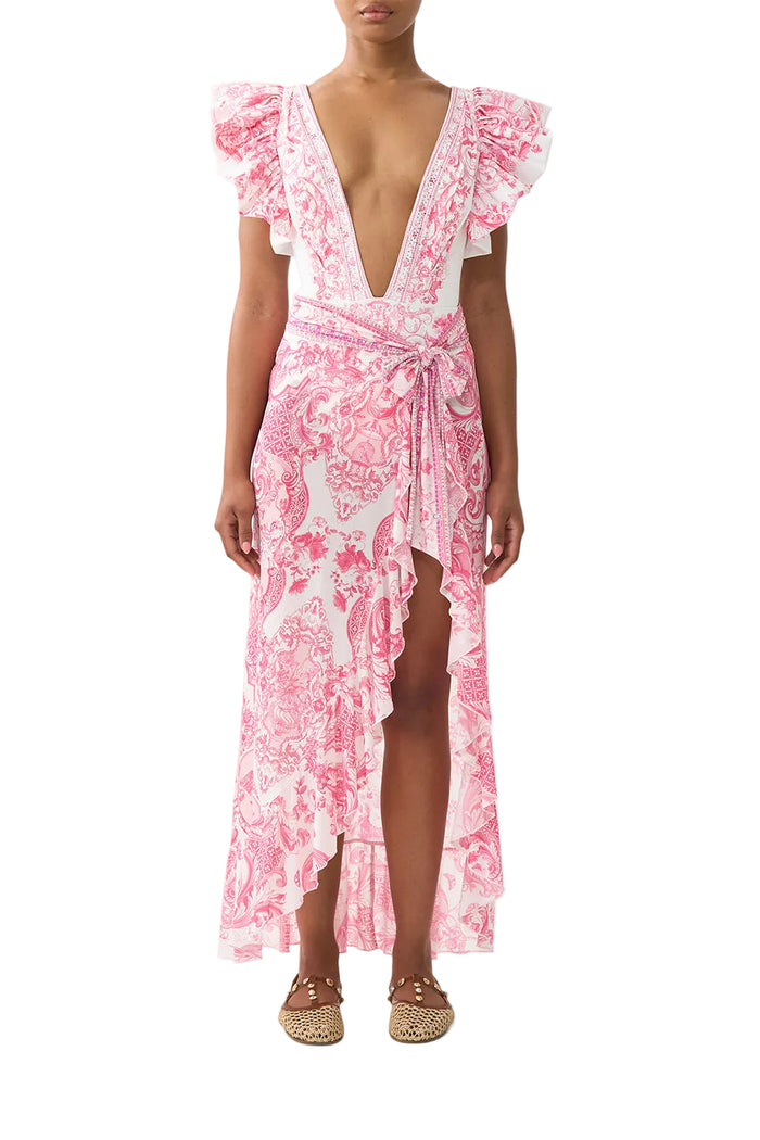 Camilla Long Sarong With Tie Waist And Frill Edge - Livin La Vida Rosa
