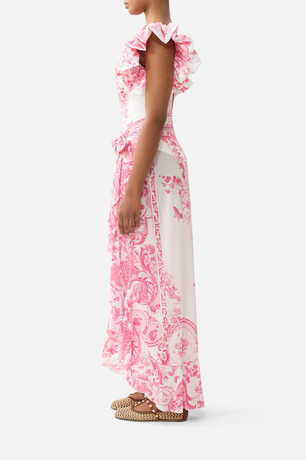 Camilla Long Sarong With Tie Waist And Frill Edge - Livin La Vida Rosa