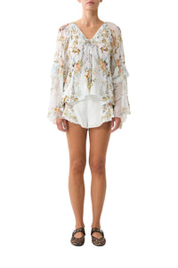 Camilla Lace Up V Neck Blouse With Cascade Ruffles - Seville Sweetheart