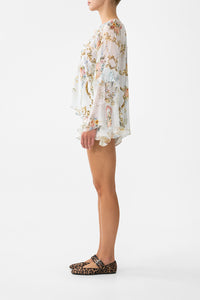 Camilla Lace Up V Neck Blouse With Cascade Ruffles - Seville Sweetheart