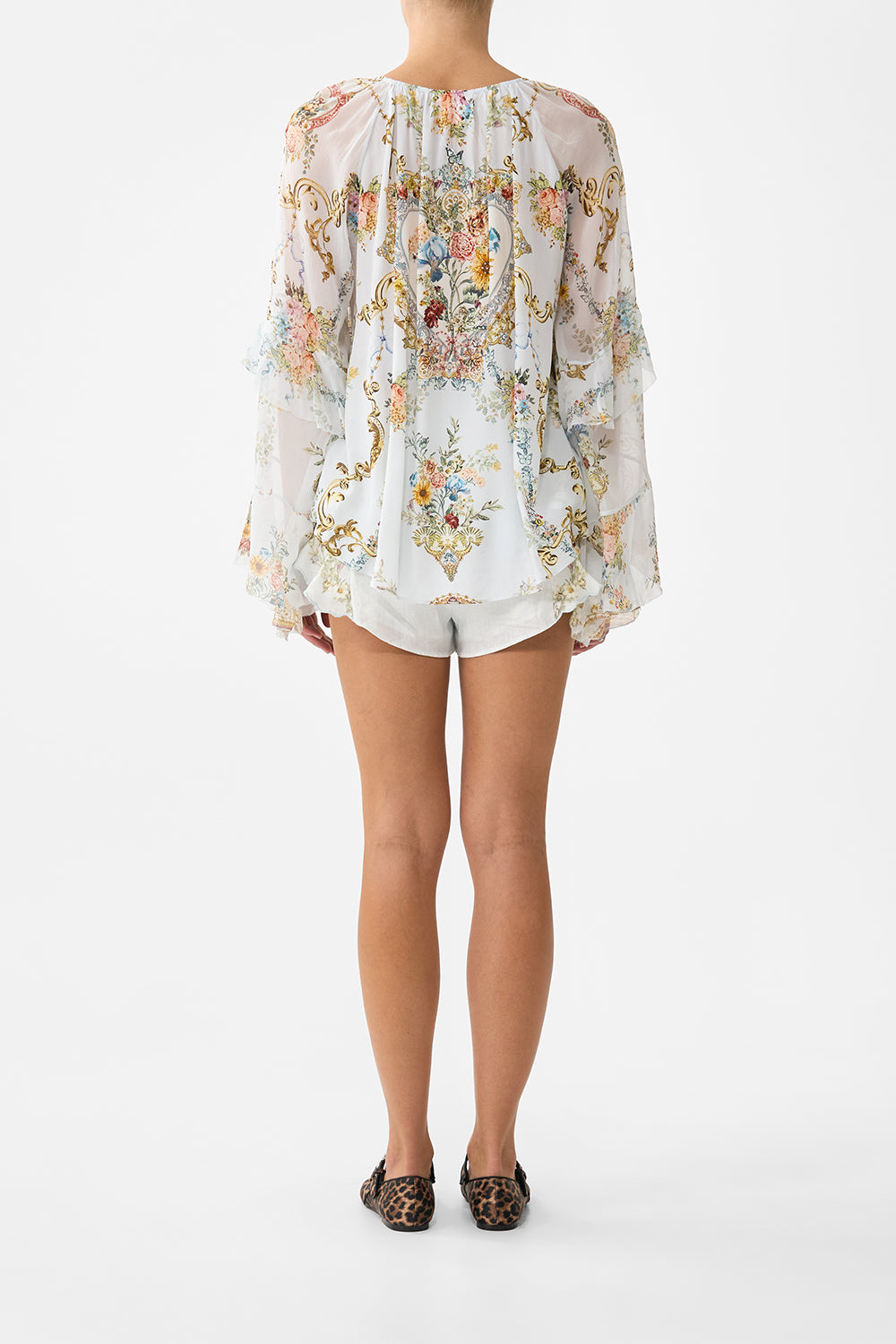 Camilla Lace Up V Neck Blouse With Cascade Ruffles - Seville Sweetheart