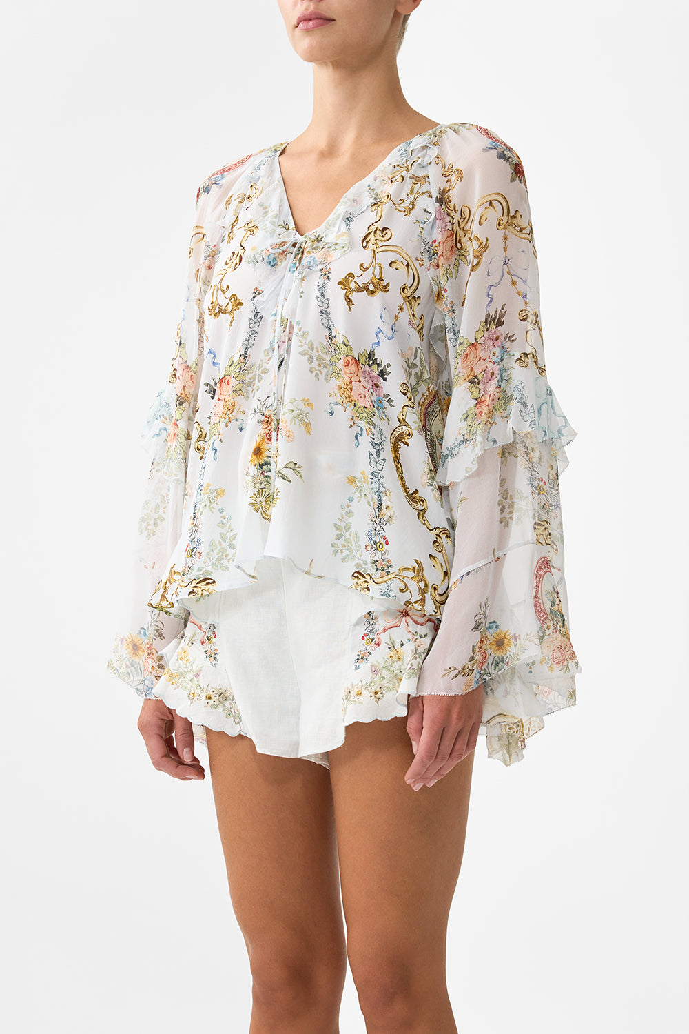 Camilla Lace Up V Neck Blouse With Cascade Ruffles - Seville Sweetheart